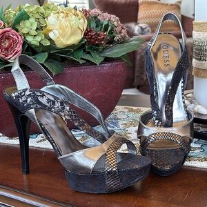 GUESS Genuine Leather Black Metallic Pewter Snakeskin Slingback Platform Heels